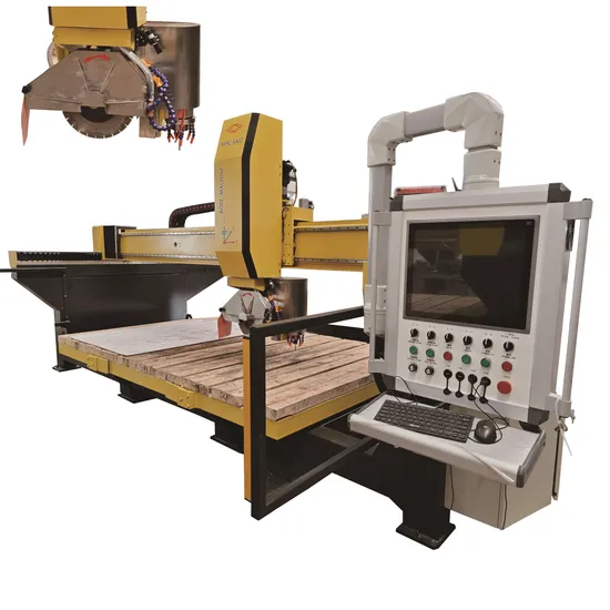 5 Axis CNC Bridge Saw Machine with Router for Cutting Milling Engraving Processing Stone Granite Marble Quartz Slab Countertop Tile Sink Hole Drilling Cut out
