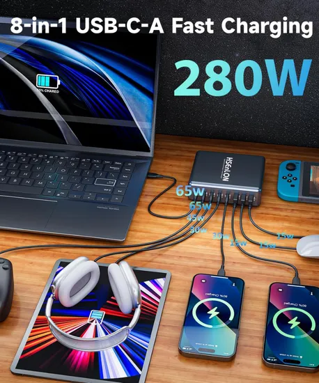 280W USB Type-C PD PC Laptop Smart Watch Mobile Phone Universal GaN Charger Charging Station Adapter Android Ios Phones with Certificates Custom Logo