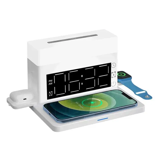 2023 Hot Sell Multifunction 6-1 Qi Wireless Charger 15W Desktop Charger with Alarm Clock