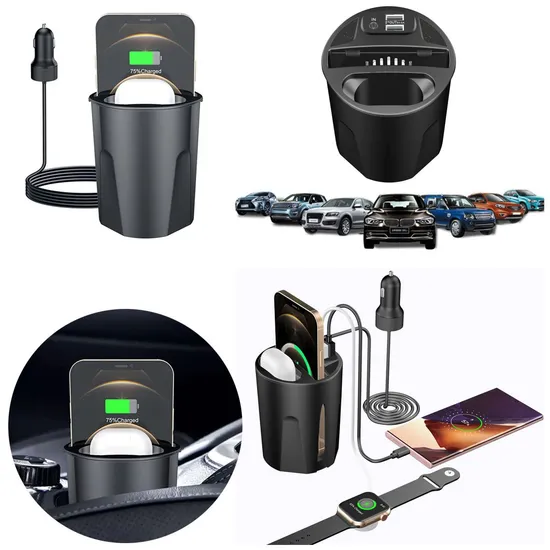 4 in 1 15W Car Charger Dock for Cup Holder Wireless Charging