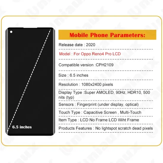 6.5" Original for Oppo Reno4 PRO LCD Display Touch Screen Digitizer Assembly for Oppo Reno 4 PRO Cph2109 Pdnm00 Cph2089 LCD