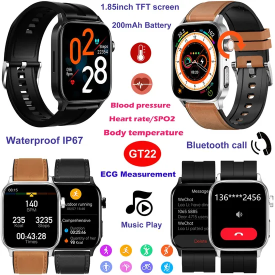 Best Quality IP67 Waterproof BT Call PPG ECG Heart Rate Blood Glucose BP Smart Bluetooth Bracelet GT22