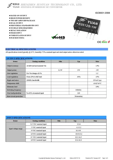 High Isolated Unregulated DC to DC Converter Exxxxs/D 1W