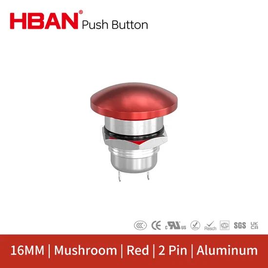 16mm Mushroom Head Green Switch IP65 Normally Open Momentary Button
