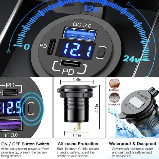 USB Outlet Dual Pd USB C & Quick Charge 3.0 Car Charger 3 Port USB Socket with Voltmeter and Power Switch, Multi-Function Car USB Charger Adapter for Car Boa