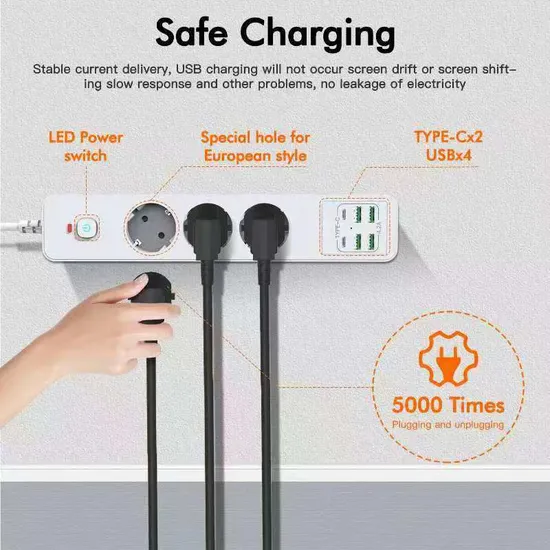 EU Plug 3AC Fast Charge USB & Type-C Power Strip