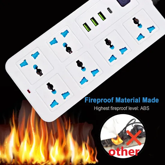 Custom USA EU UK Plug Universal Multi Extension Socket Cable Electric Cord 6 Outlets 4 USB 1 Type-C Power Strip