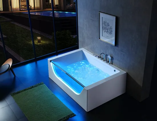 Square Glass Double Whirlpool, Double Waterfall Hydro Massage Bathtub, Acrylic Glass Massage Bathtub for Two People, Blue Tooth Music LED Bathtubs