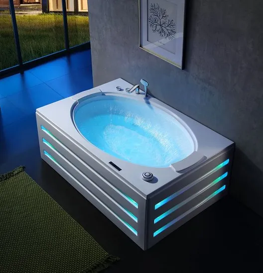 360 Degree Circular Waterfall Whirlpool Acrylic Bathtub, Blue Tooth Music System Luxury Square Massage Bathtub, Seamless Bottom LED Circle Single Hot Tub