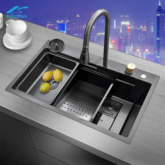 Nano Black Stainless Steel Handmade Above Mount Waterfall Faucet Farmhouse Kitchen Sinks