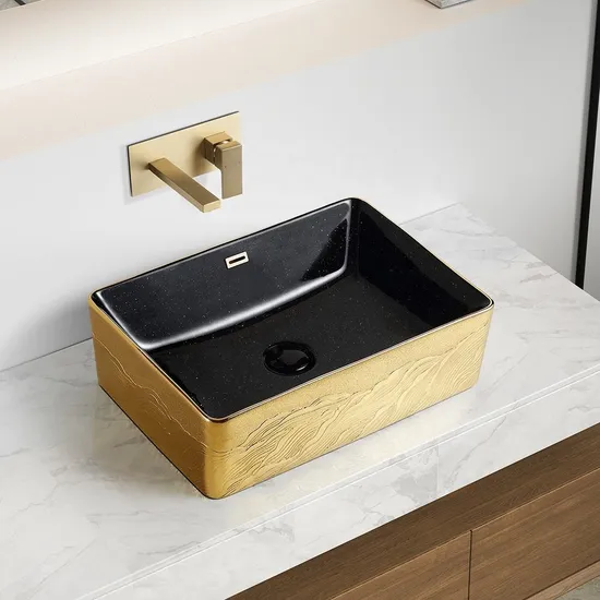 Modern Wave Gold Color Ceramic Hand Wash Basin Electroplated Black Luxury Hotel Bathroom Sink