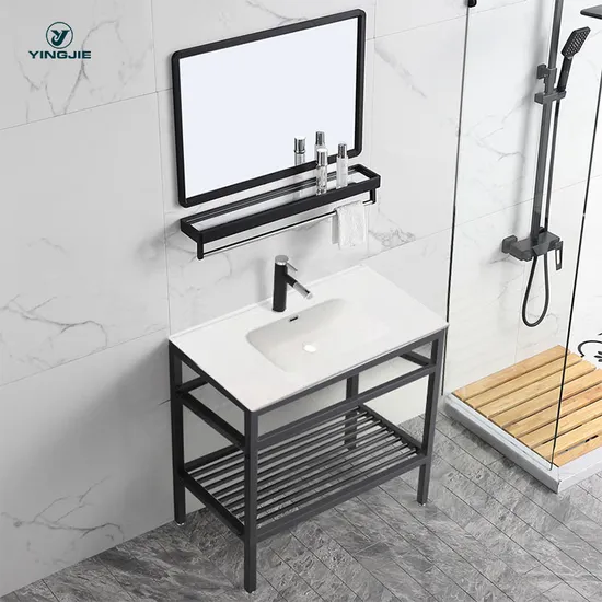 Ceramic Thin Egde Sink Bathroom Cabinet Basin with Black Stainless Steel Bracket