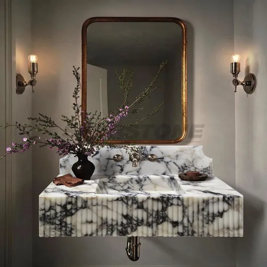 Luxury Calacatta Viola Natural Stone Sink Basin Wall Hung Marble Wash Basin for Bathroom Wash Sink