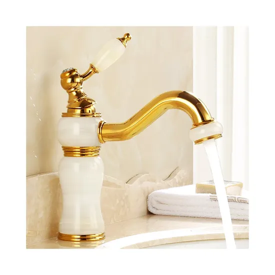 Classic Luxury Royal Brass Single Hole Titanium Gold Cyan Jade Bathroom Faucet