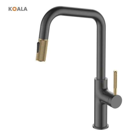Cupc Certified Lead Free Brass Single Pull Down Rose Gold/Black Kitchen Faucet with Etched Brass Handle