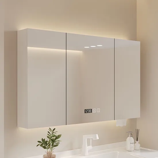 Double Door Chrome Mirrored Bathroom Mirror Cabinet with Lights Demister