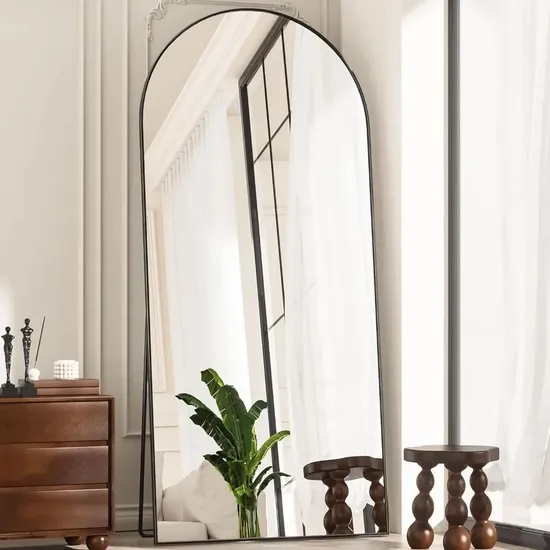 Mirror, 130*60 Cm Arched Floor Standing Mirror, Black Full Body Mirror with Bracket in Bedroom