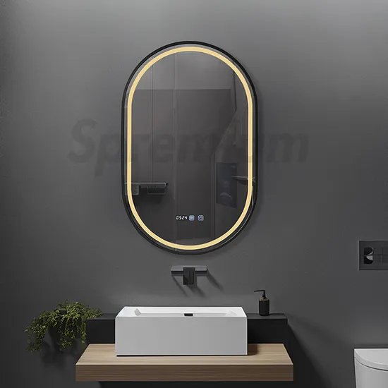 ETL CE Home Decoration Oval Shape Defog Glass Styling Mirror Hotel Room Full Length Dressing Black Aluminum Frame Smart LED Bathroom Wall Mirrors with Light