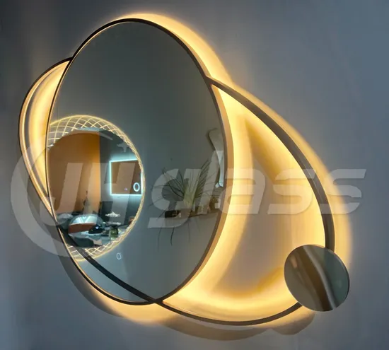Jh Glass Irregular Stainless Steel Metal Framed with Lights Smart LED Illuminated Lighted Mirror for Bathroom