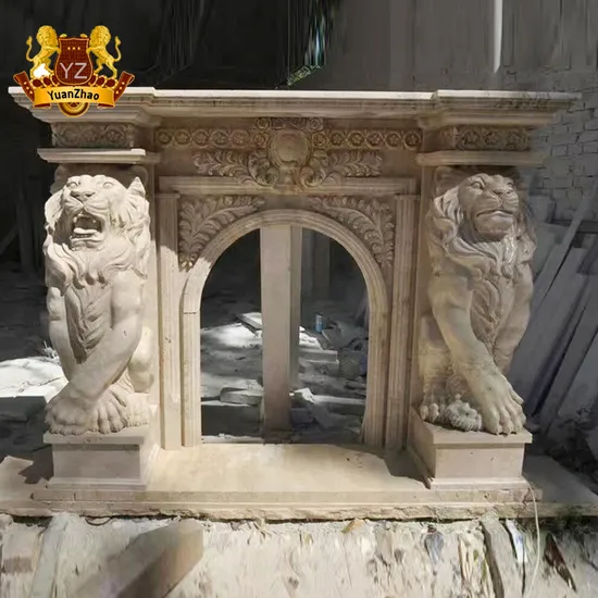 Modern Home Decoration Freestanding Natural Beige Marble Lion Carving Fireplace Mantel