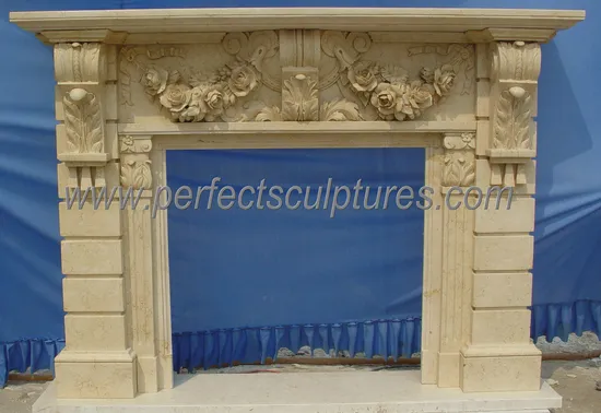 Egyptian Cream Beige Limestone Fireplace with Heavily Carved Flower (QY-LS389)
