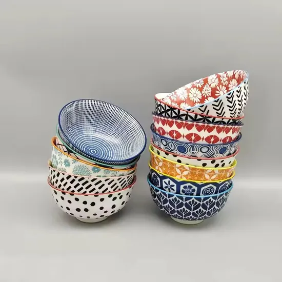 4.3" Stamp Decal Eco-Friendly Healthy Reuse Multicolor Ceramic Porcelain Tableware Rice Soup Salad Food Bowl