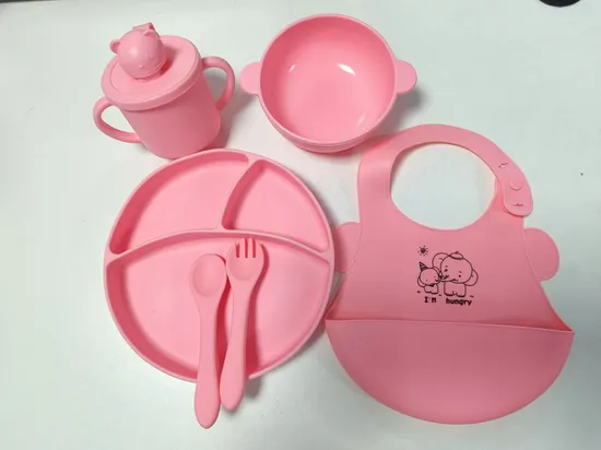 Custom Children Baby Tableware Set Bib Cup Bowl Suction Plate Silicone Baby Dinner Sets