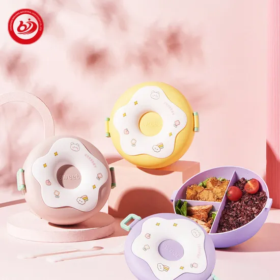 Cute Design Donut Shape PP Seal Reusable 3 Compartments Plastic Buckles Bento Lunch Box Bowl Storage Container for Kids with Cutlery for School