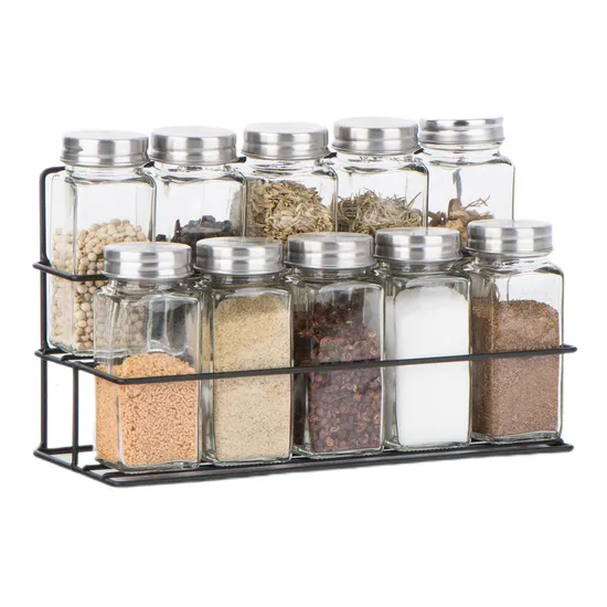 10PCS Glass Spice Jars Set with Stainless Steel Lid and Metal Rack Spice Shaker