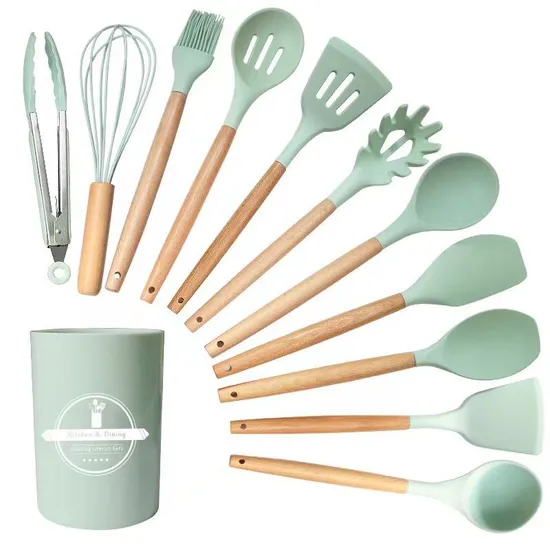Natural Wood Cooking Tool 12 Pieces Silicone Kitchen Accessories Kitchen Cooking Tools