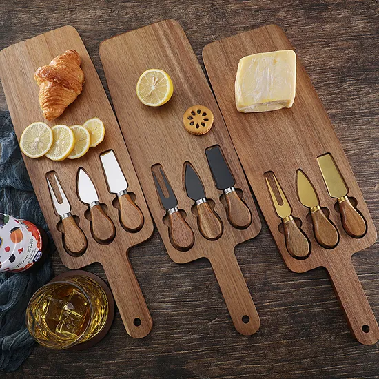 Nostalgic Art Deco - Inspired Long Acacia Cheese Board with Cutlery Set for Outdoor Camping
