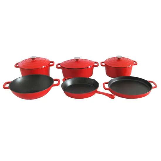 9PCS Enamel Cast Iron Cookware Set Red Enamel Outside Matt Black Enamel Inside