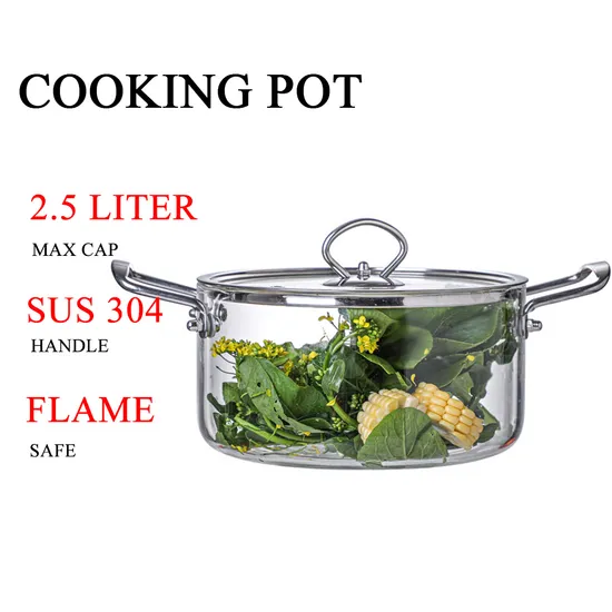 High Borosilicate Large Size 5L Glass Housewares Cookware with Stainless Steel Double-Ear Pyrex Glass Soup Noodle Cooking Pot Direct Fire Use Not Broken
