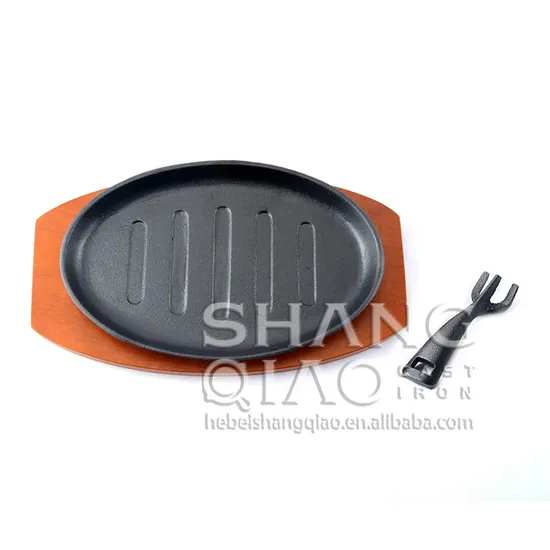 Pre-Seasoned Cast Iron Sizzling Steak Plate with Wooden Base/Tray Fajita Skillet Server Plate Sizzler Pan Serving Platter