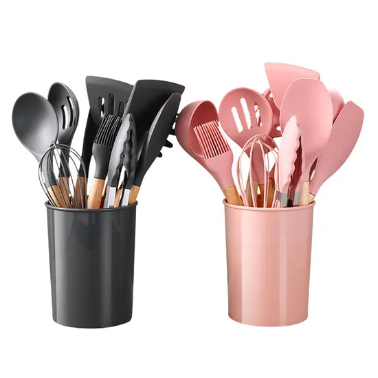 Wholesale 12 Pieces Kicthenware Non-Stick Silicone Wooden Handle Cookware Set