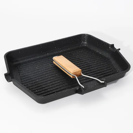 Hot Sale Preseasoned Wooden Handle Aluminum Meat Fry Pan and Marble Grill