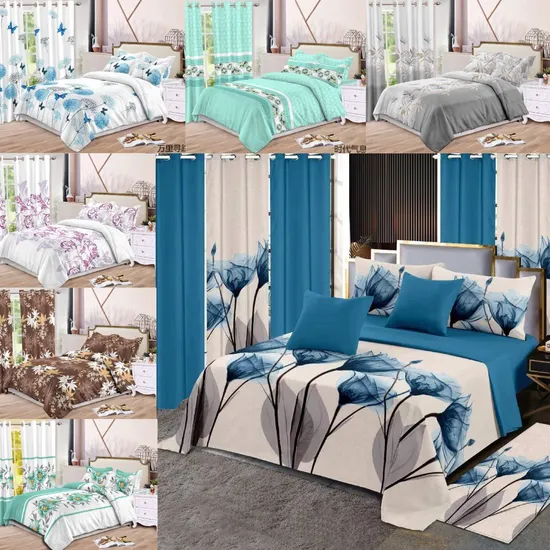 OEM/ODM Hot Seller Blue Printed Home Textile Quilted Bed Cover Microfiber 11PC Bedspread Set with Curtains Polyester Bedding with Pillowcases