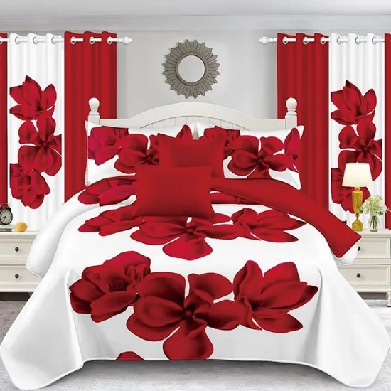 1200tc Duvet Comforter Cover Bedspread Quilt Printed Polyester Bed Linen Sabanas Fitted Sheet Hotel Home Textile Red Luxury Bedding Set with Curtains Pillowcase