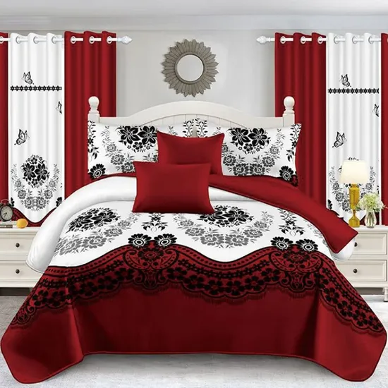 OEM/ODM Red High Quality Coverlet Microfiber Bed Cover Sanding Bed Linen Bedspread Set with Pillow Sham Printed 11PC Big Red Bedding with Curtain