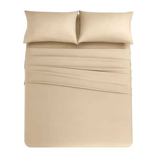 Plain 4PCS Home Hotel Textile High-Quality Bedroom Flat Fitted Sheet Bedding Set Beige Polyester Solid Color Bed Sheet 2 Soft Pillowcases Bed Sheets