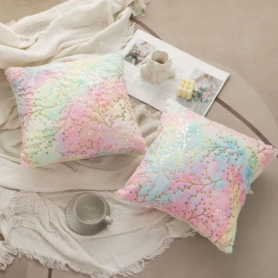 White Faux Fur Gold Floral Glitter Throw Pillows Decorative Soft Sparkling Cushion