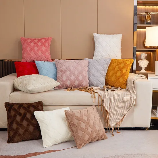Faux Fur Beige Boho Throw Pillow with 3D Diamond Pattern for Sofa