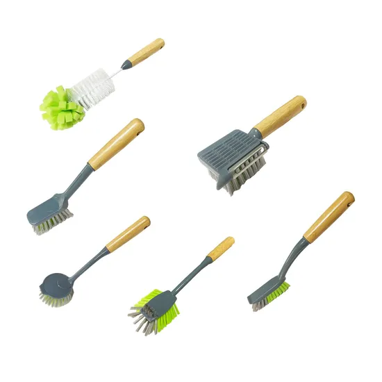 Bamboo Handle TPR Soft Grip Dish Brush Kitchen Long Handle Brush