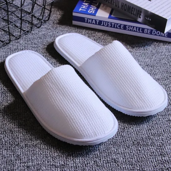 White Color Cotton Waffle Closed Toe Hotel Slippers