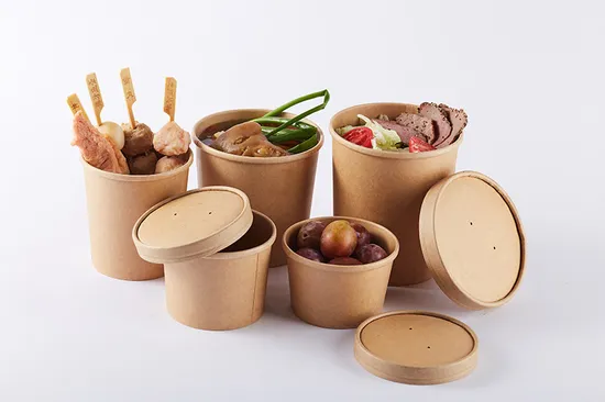 Hiro Eco Friendly Disposable Takeaway Food Container Kraft Paper Noodle Bowls Hot Soup Cup with Paper Flat Lid