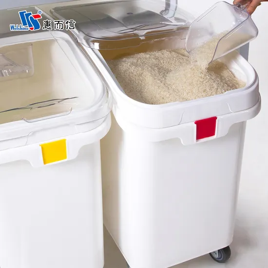 Large Capacity White Plastic Mobile Ingredient Bin Kitchen Flour Shelf with Scoop Food Storage Container