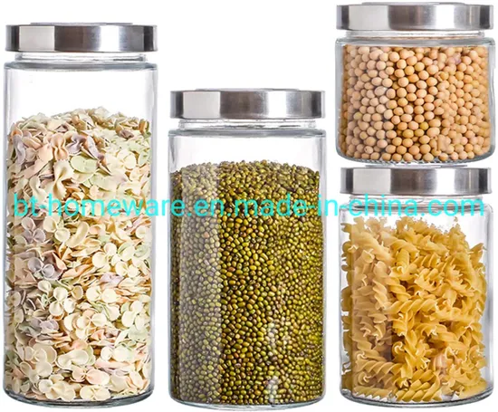 Wholesale Glass Jar with Stainless Steel Lid Glass Food Jar Set Food Storage Jar for Cookie Dough Pasta Snacks