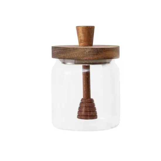 Simple Design Round Shape Heat Resistant Cheap Borosilicate Glass Jar Acacia Wood Lid Glass Honey Jar with Honey Picking Stick