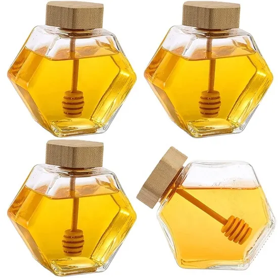 Honeycomb Shape Hexagonal Glass Storage Pot Cruet Spice Herb Mini Honey Jar with Wooden Dipper and Bamboo Lid 100ml 220ml 380ml