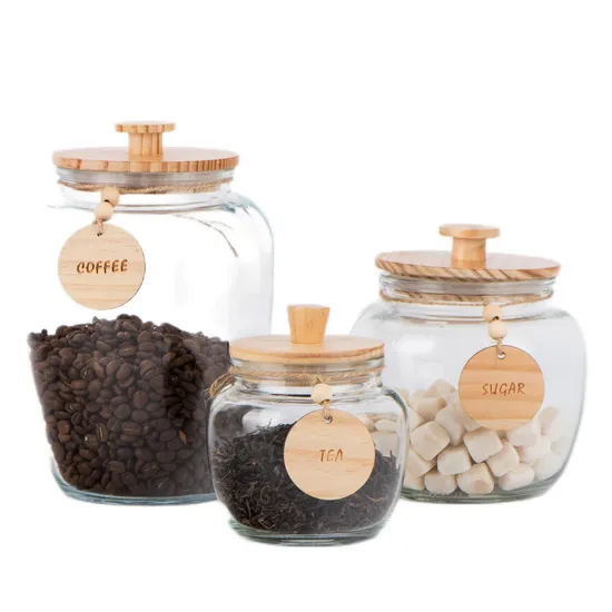 620ml 1400ml 2200ml Wide Mouth Round Glass Jar /Glass Food Canister/ Food Container/ with Wooden Lid and Hang Tag Freshness Preservation for Coffee Sugar Tea